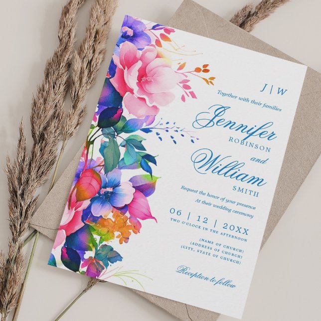 Invitation Romantique Floral Mariage élégant Rainbow Ombre (Romantic Floral Wedding Elegant Rainbow Ombre Invitation)