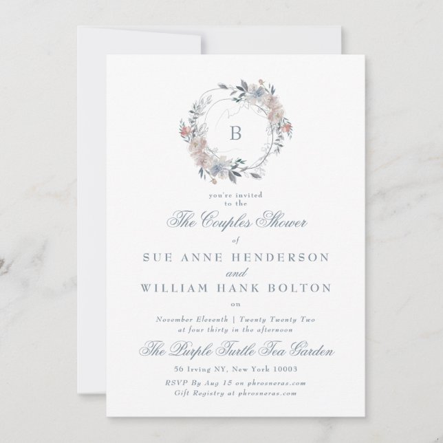 Invitation Romantique Floral Monogramme Wreath Couples Douche (Devant)