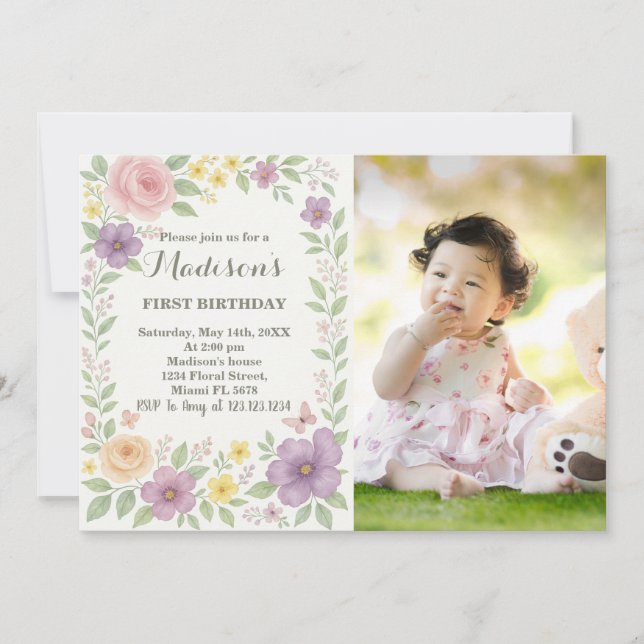 Invitation Romantique Floral Premier anniversaire (Devant)