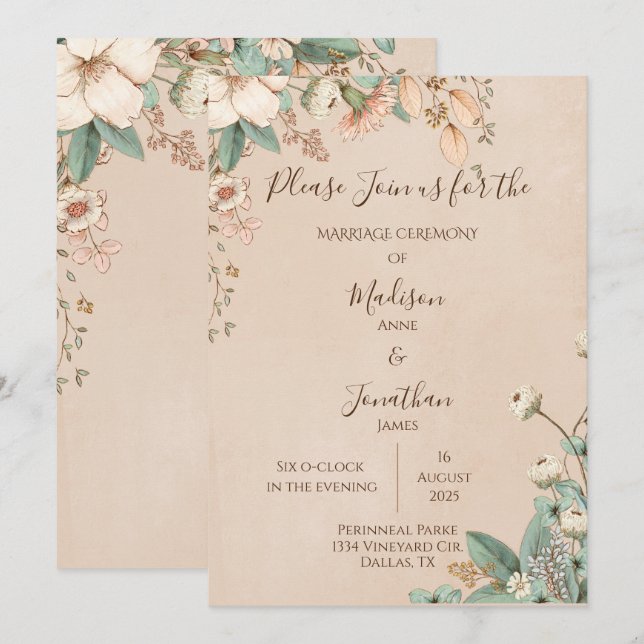 Invitation Romantique Floral Script main tiré jolie Mariage (Devant / Derrière)