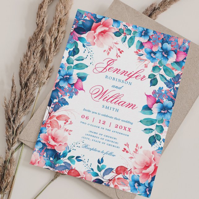Invitation Romantique Floral Vibrant Bleu rose élégant mariag (Romantic Floral Vibrant Blue Pink Elegant Wedding Invitation)