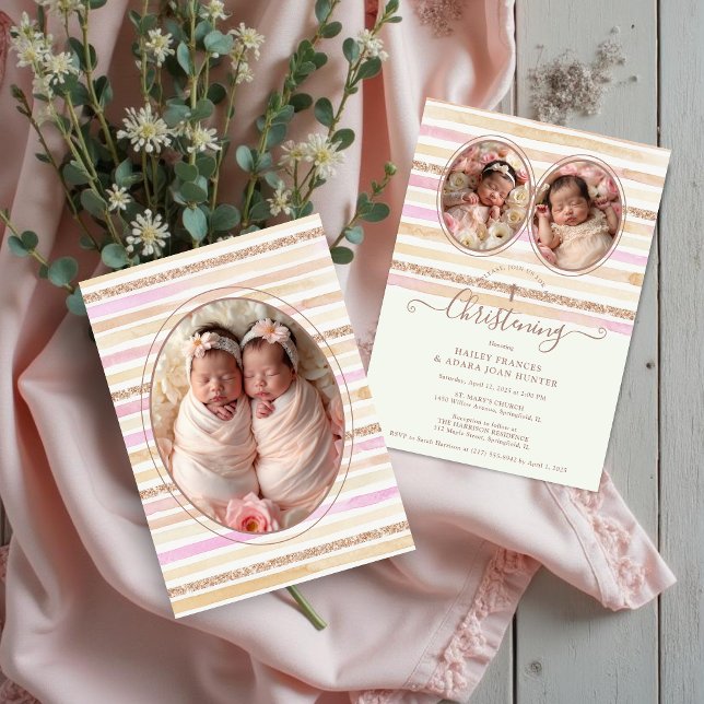 Invitation Romantique Glitter Stripes Jumelles Baptême (Delicate Romantic Glitter Stripes Baby Twins Baptist Christening Invitation Card with Oval 3-Photo. )