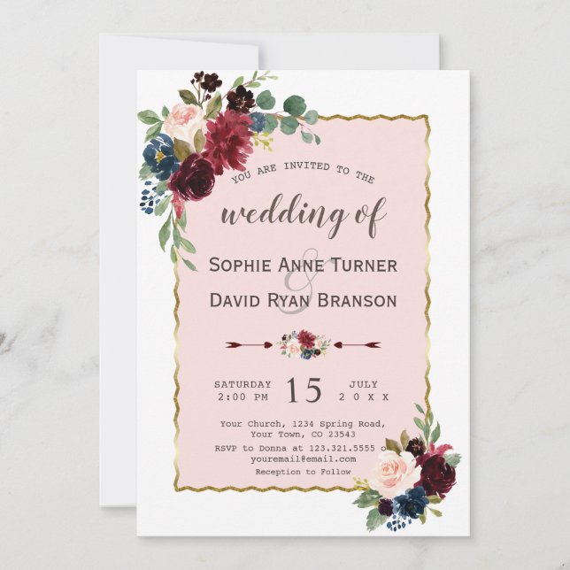 Invitation Romantique Gold Burgundy Marine Blue Floral Mariag (Devant)