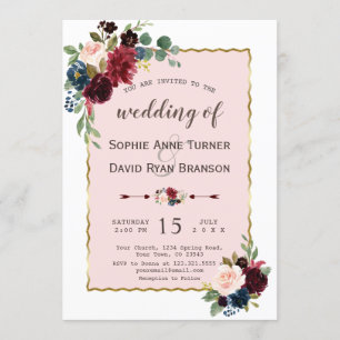 Invitation Romantique Gold Burgundy Marine Blue Floral Mariag