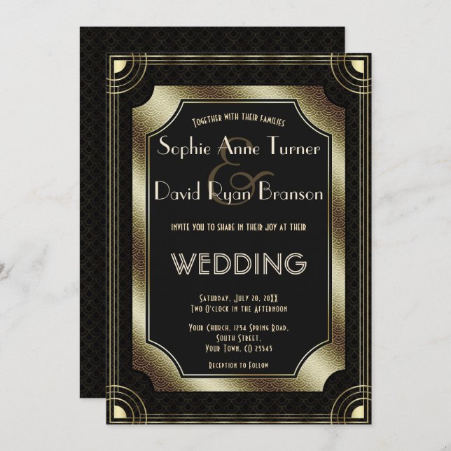 Invitation Romantique Gold Great Gatsby Art Déco Mariage des  (Devant / Derrière)