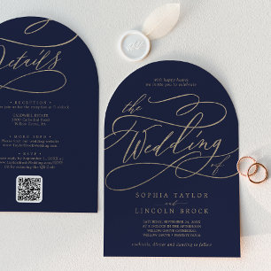 Invitation Romantique Gold Navy tout en un QR Code Arch Maria