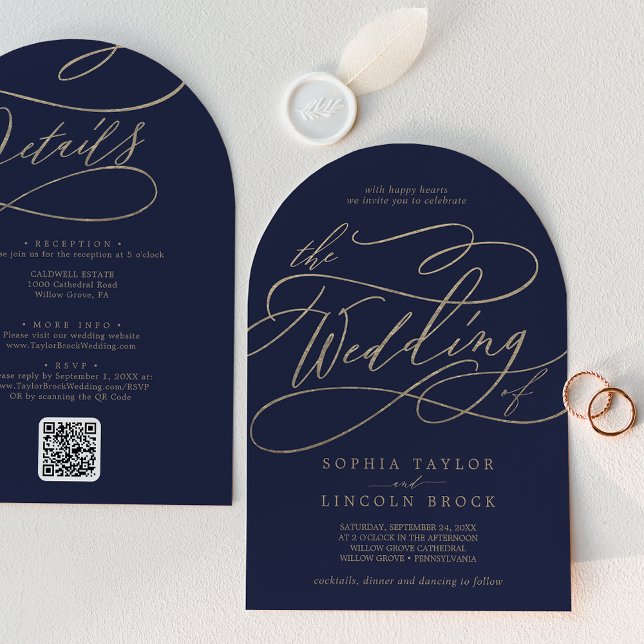 Invitation Romantique Gold Navy tout en un QR Code Arch Maria (Romantic Gold Navy All In One QR Code Arch Wedding Invitation)