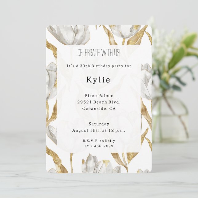 Invitation Romantique Gold White Tulips Floral Anniversaire (Debout devant)