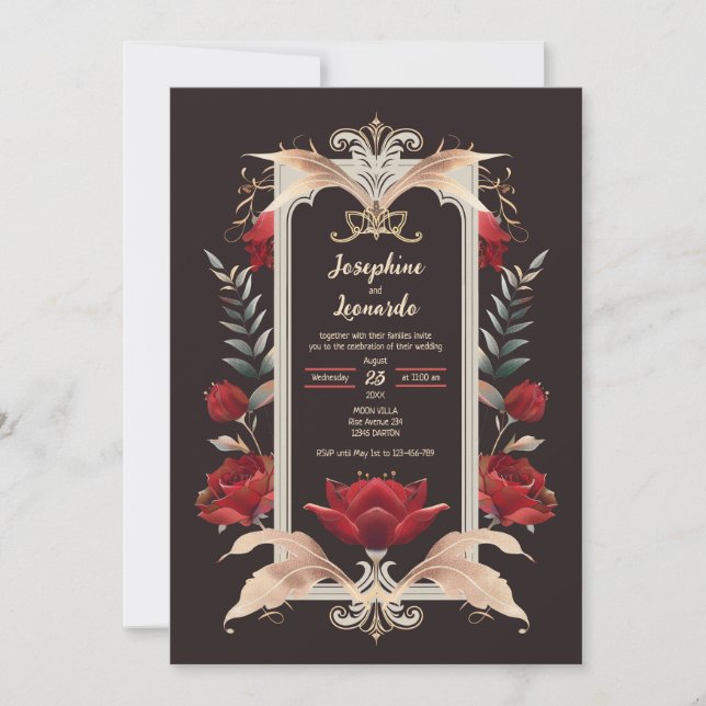 Invitation Romantique gothique rouge Rose et Mariage d'or (Devant)