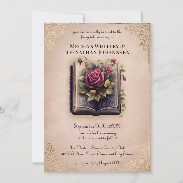 Invitation Romantique Histoire Livre fée Mariage sur rose (Devant)