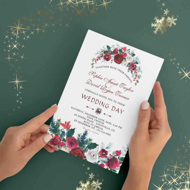 Invitation Romantique Hiver Bourgogne Floral Pine Mariage (Créateur téléchargé)