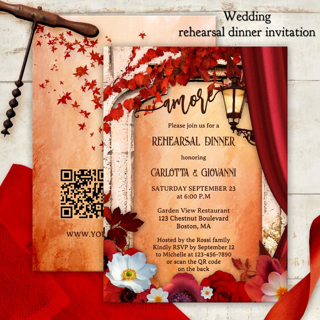 Invitation Romantique Italien Floral Dîner de répétition auto (Rehearsal dinner invitation showing a colorful design with fall leaves and red Italian flowers)