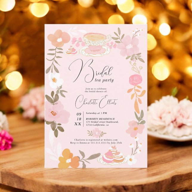 Invitation Romantique Jolie fête de thé floral douche nuptial (Romantic Pretty floral tea party bridal shower Invitation on pink)