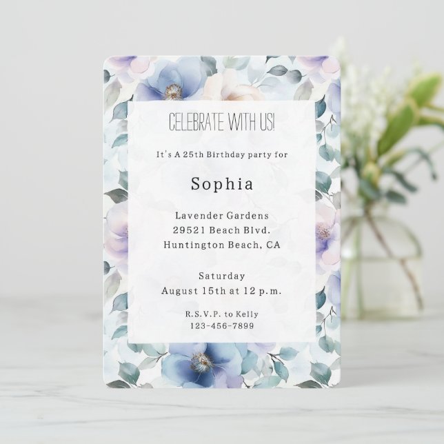 Invitation Romantique Jolie Lavande Fleurs Anniversaire (Debout devant)