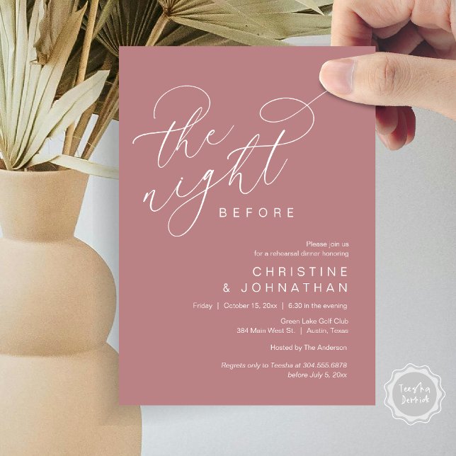 Invitation Romantique La Nuit Avant Le Dîner De Répétition Ma (Romantic The Night Before Wedding Rehearsal Dinner Party Invitation Card, in Dusty Rose Pink)
