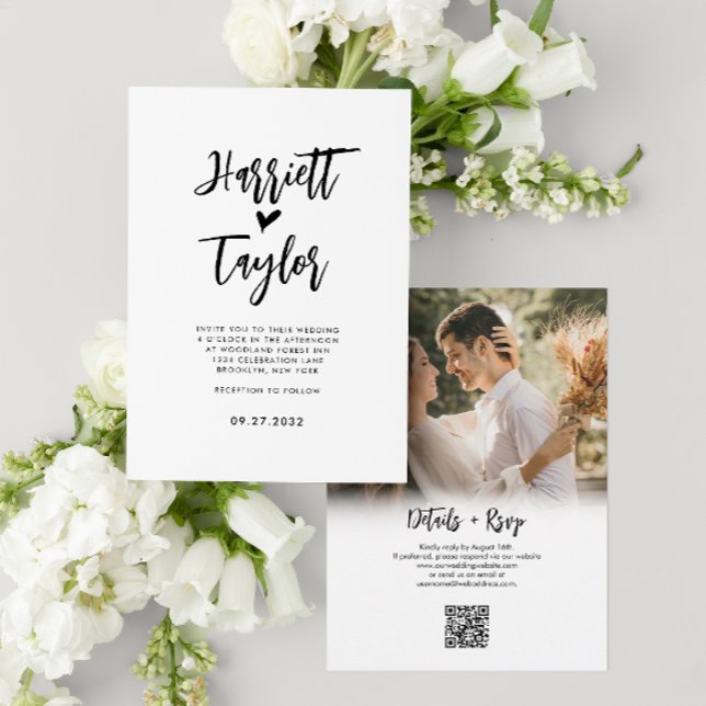 Invitation Romantique Lovely Heart Script Photo QR Code Maria (Créateur téléchargé)