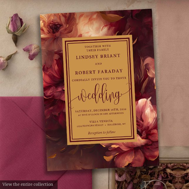 Invitation Romantique Luxe Bourgogne Gold Roses de mariage In (Romantic Luxury Burgundy Gold Roses Wedding Invitation)