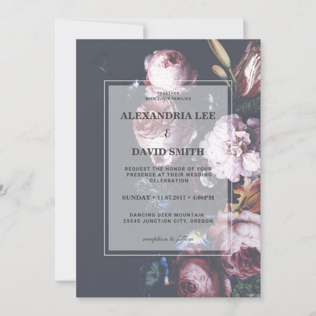 Invitation Romantique Mariage noir moody rose florale 2 (Devant)