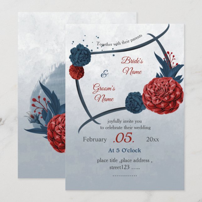 Invitation romantique marine et fleurs bordeaux mariage (Devant / Derrière)