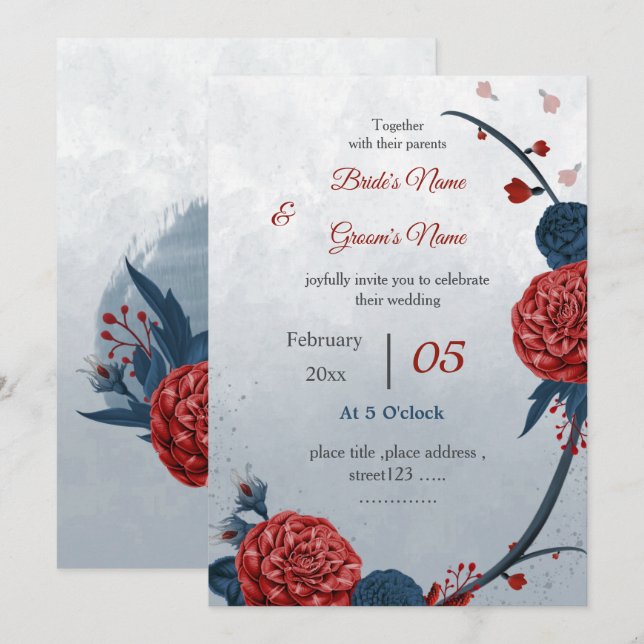 Invitation romantique marine et fleurs bordeaux mariage (Devant / Derrière)