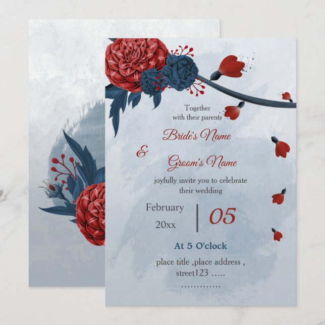 Invitation romantique marine et fleurs bordeaux mariage (Devant / Derrière)