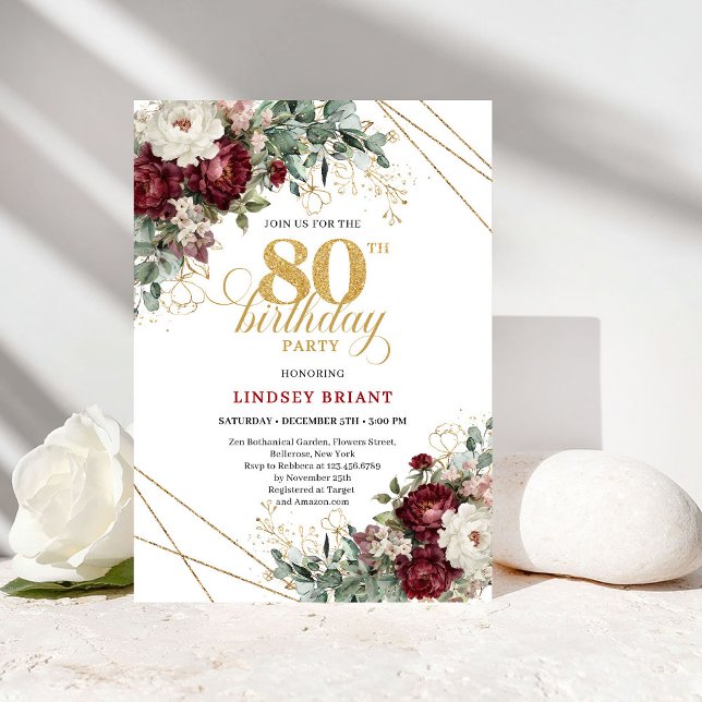 Invitation Romantique Marsala Eucalyptus 80e Anniversaire (Romantic Marsala Eucalyptus 80th Birthday)