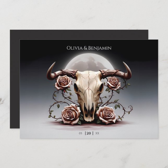 Invitation Romantique Médiéval Mariage crâne de vache florale (Devant / Derrière)