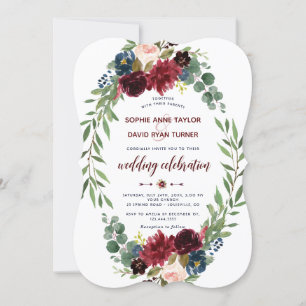 Invitation Romantique Merlot Marine bleu Floral Mariage