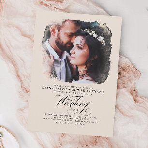 Invitation Romantique Moderne Elegant Ecru 2 Photos Mariage
