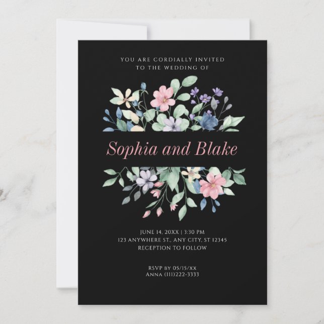 Invitation Romantique moderne Fleur sauvage Mariage noir (Devant)