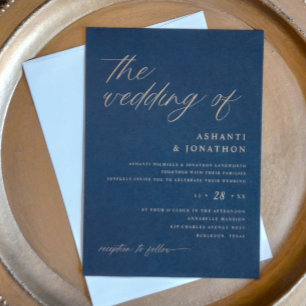 Invitation Romantique Moderne Marine Bleu et Mariage d'or