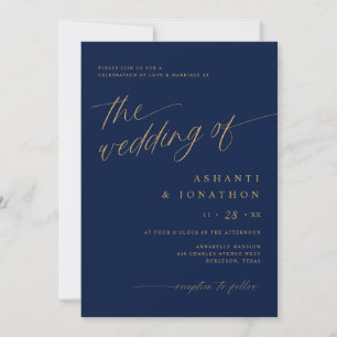 Invitation Romantique moderne Marine bleu or tout en un Maria