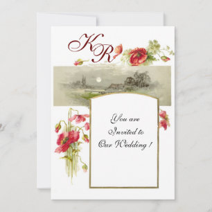 Invitation ROMANTIQUE MONOGRAMME / COQUELICOTS,rouge,vert,bla