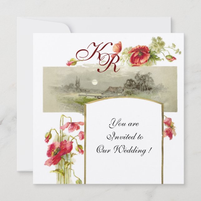 Invitation ROMANTIQUE MONOGRAMME / COQUELICOTS,rouge,vert bla (Devant)