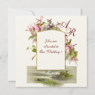 Invitation ROMANTIQUE MONOGRAMME /CYCLAMENS, rose crème verte