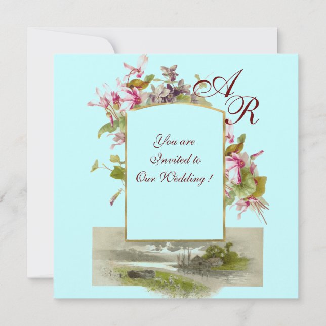 Invitation ROMANTIQUE MONOGRAMME /CYCLAMENS, rose vert bleu (Devant)