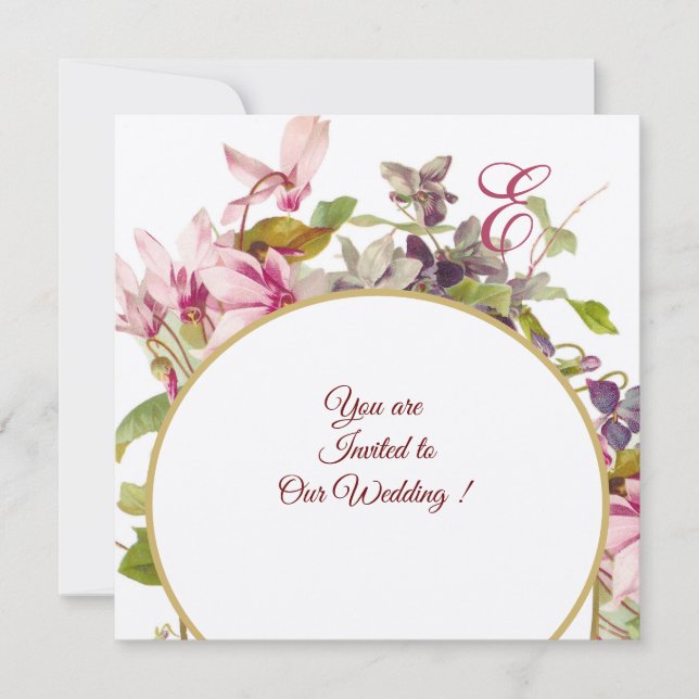 Invitation ROMANTIQUE MONOGRAMME, CYCLAMENS ROSES, Floral (Devant)