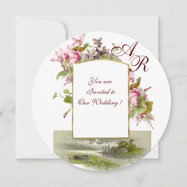 Invitation ROMANTIQUE MONOGRAMME , CYCLAMENS ROSES,  Floral (Devant)