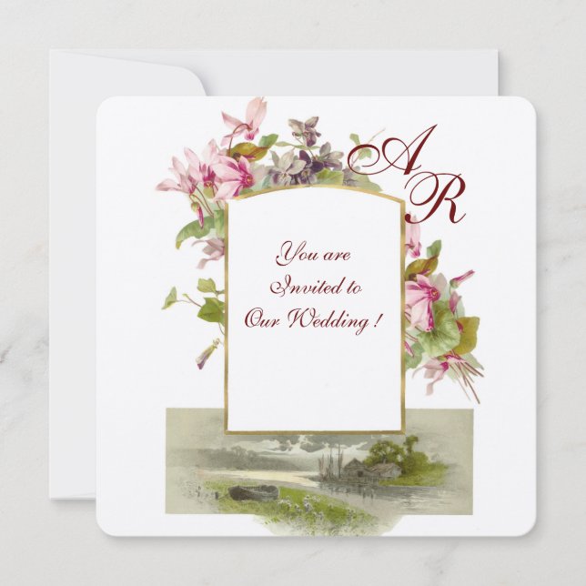 Invitation ROMANTIQUE MONOGRAMME, CYCLAMENS ROSES, Floral Arg (Devant)