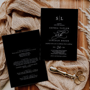 Invitation Romantique Monogramme noir foncé tout en un Mari