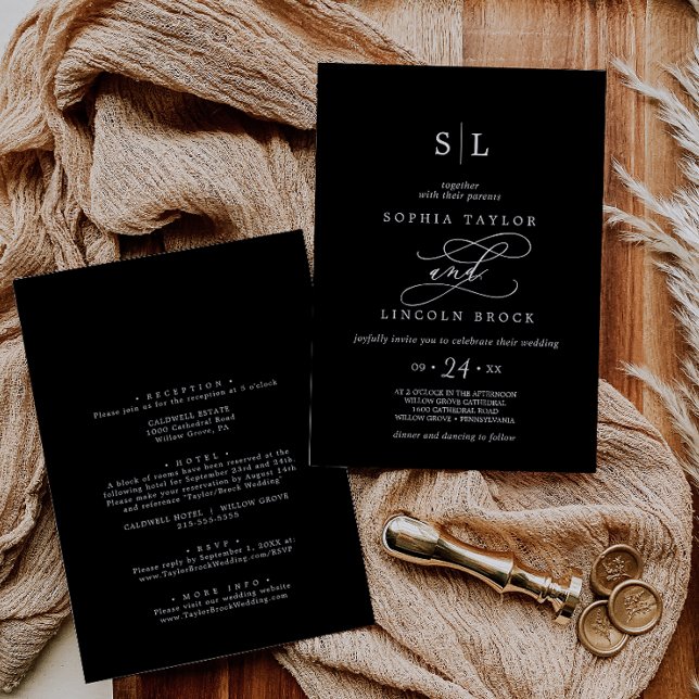 Invitation Romantique | Monogramme noir foncé tout en un Mari (Créateur téléchargé)