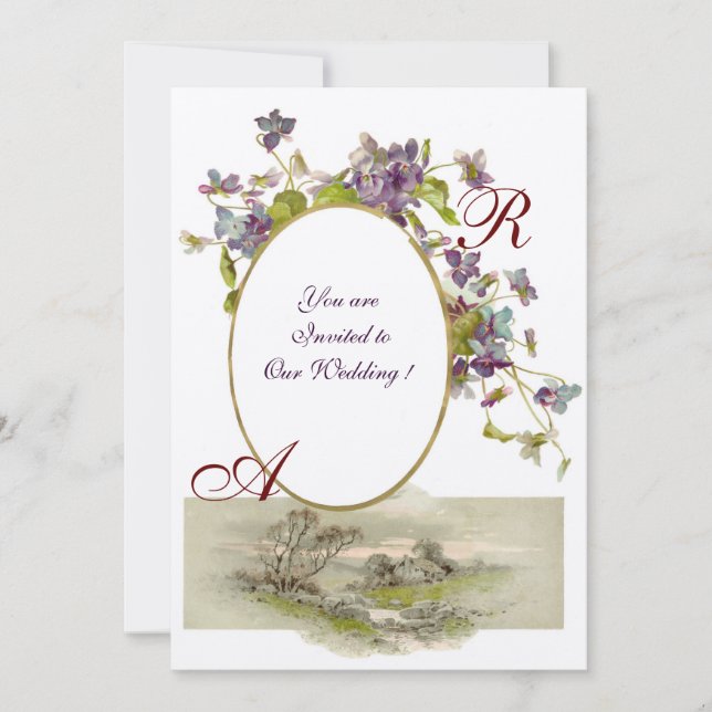 Invitation ROMANTIQUE MONOGRAMME/VIOLETTES, vert violet, cham (Devant)