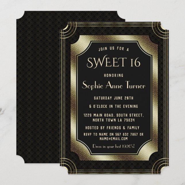 Invitation Romantique Noir Grand Gatsby Art Déco 20s SWEET 16 (Devant / Derrière)
