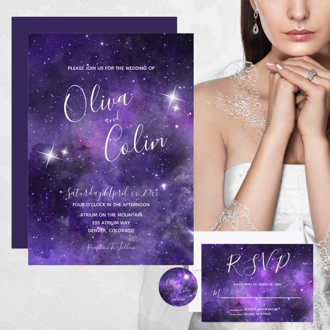 Invitation Romantique Nuit Ciel Starlight Violet Mariage (Romantic Night Sky Starlight Purple Wedding Invitation)