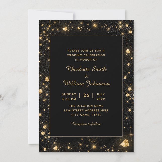 Invitation Romantique Or Sparkly Diamond Coeurs Noir (Devant)