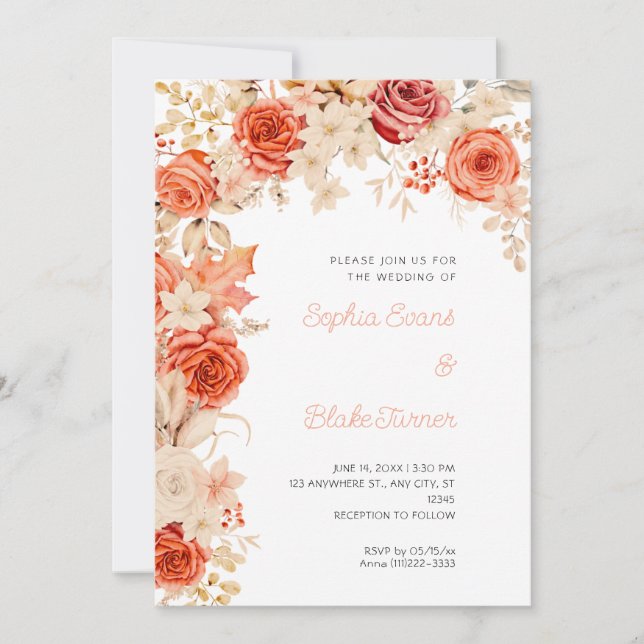 Invitation Romantique Orange et Roses Blanches Mariage blanc (Devant)