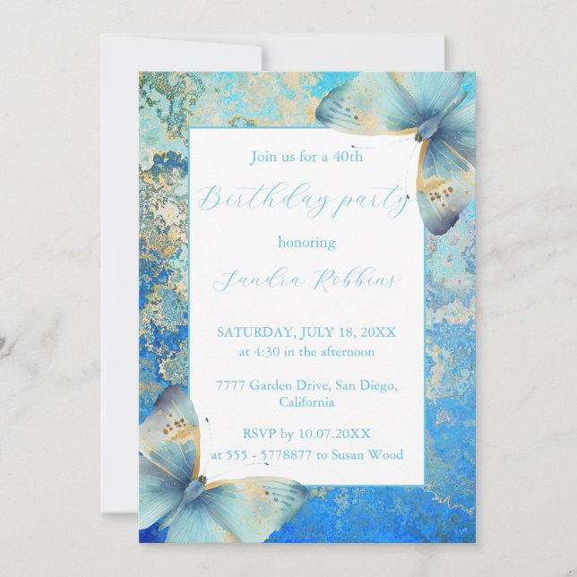 Invitation Romantique papillons bleu et blanc Anniversaire (Devant)