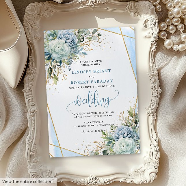 Invitation Romantique Pastel Blue Gold Flowers Mariage Invite (Romantic Pastel Blue Gold Flowers Wedding Invite)