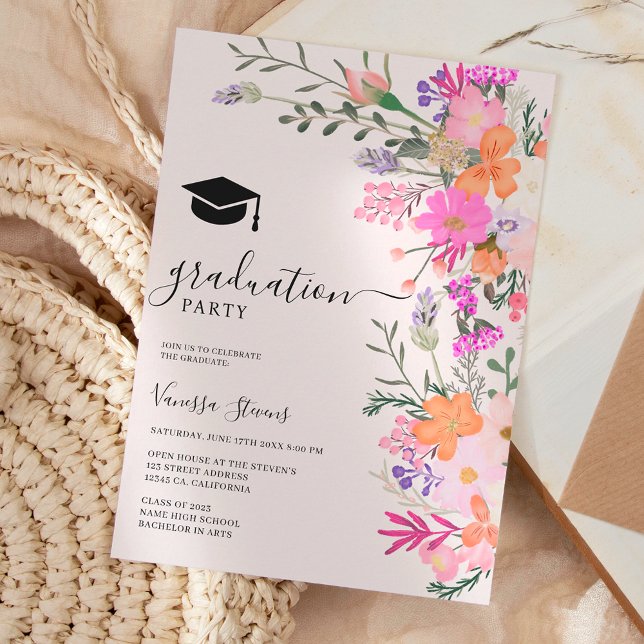 Invitation Romantique pastel fleurs sauvages printemps gradua (Gold glitter floral watercolor photo graduation)