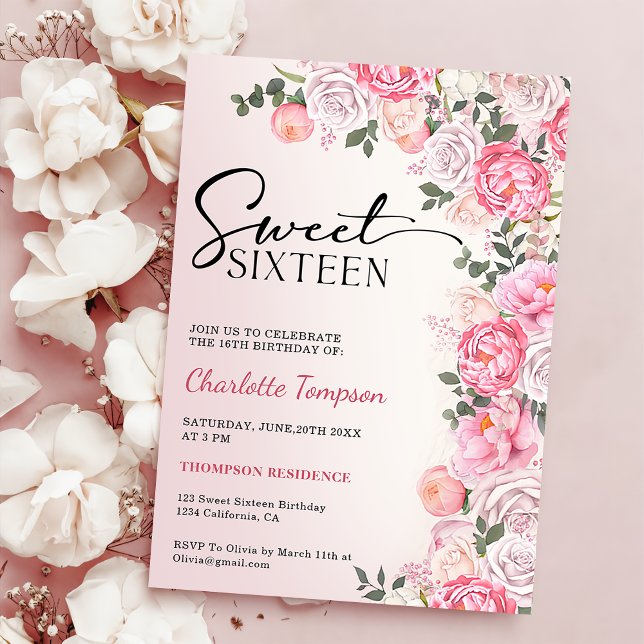 Invitation Romantique Pastel Rose Floral Sweet 16 Anniversair (Créateur téléchargé)